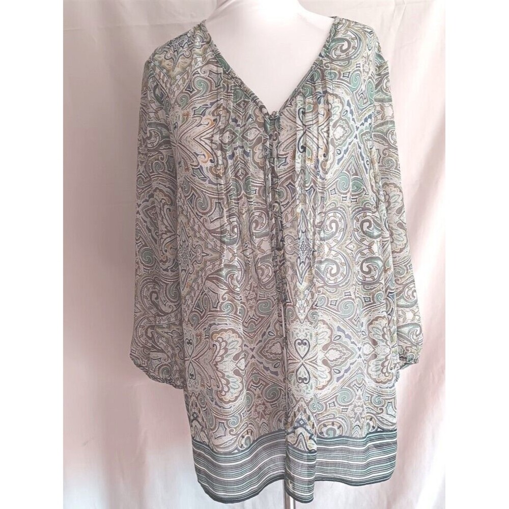 Liz Claiborne Top M Green Print Semi Sheer Pleated Bodice